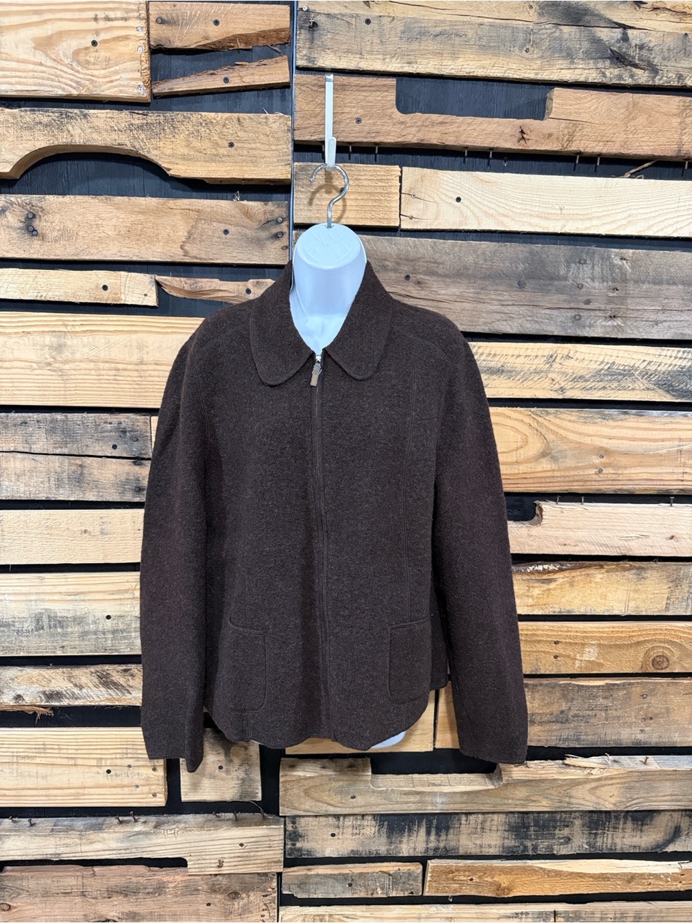 VTG Lands’ End Brown Boiled Wool Zip Up Sweater Size 16